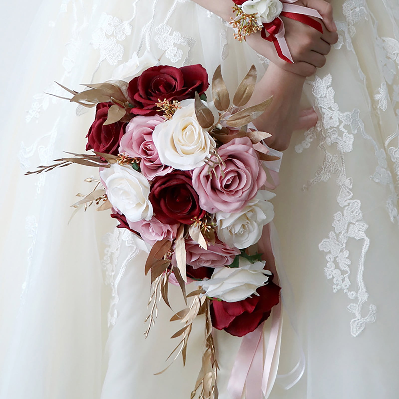 Sardfxul Wedding Cascading Bride Bouquet Waterfall Artificial Holding Flower with Ribbon