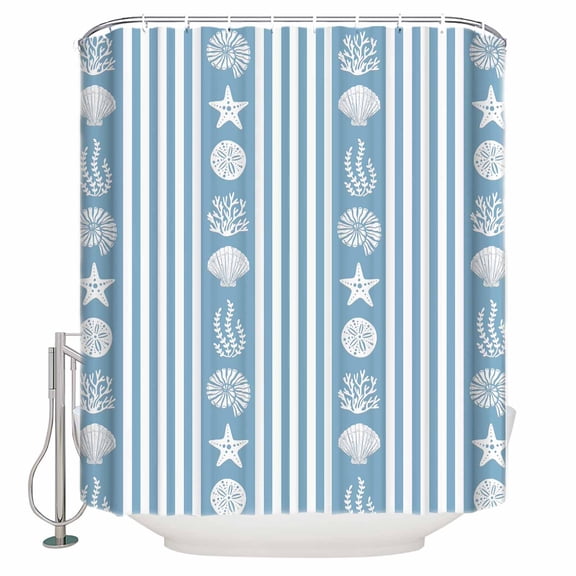 Fabric Shower Curtain, Summer Starfish Seashell Coral Blue and White Striped Shower Curtains with 12 Hooks Waterproof Machine Washable Bath Curtains for Bathroom, 48x 72in