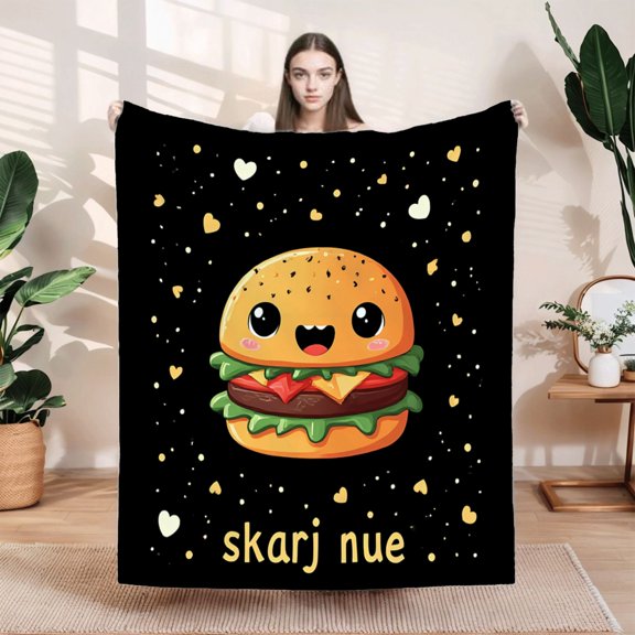 Cozy Flannel Blanket with Cute Cartoon Hamburger Design - Soft Warm Perfect for Sofa Travel Bed and Chair - Heart Accents
