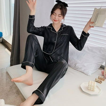 

QWZNDZGR Solid Color Couple Sleepwear Silk Satin Pajama Sets Long Button-Down Pyjamas Home Clothes Pijama Men s Loungewear Plus Size Pjs