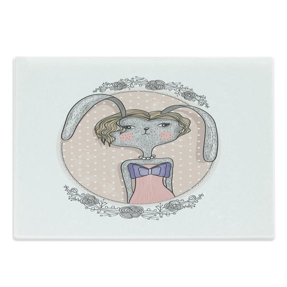 Flower Cutting Board, Vintage Portrait of Bunny in Oval Flowery Frame on PolkDotted Background, Decorative Tempered Glass Cutting and Serving Board, Large Size, Multicolor, by Ambesonne