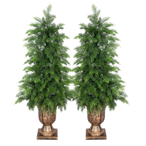 RosyHaven 3ft Real Touch Faux Cedar Tree with Decorative Urn Planter , 36"UV Resistant Artificial Topiary Trees Outdoor for Front Door Porch Yard Room Fireplace Holiday Decor, 2Pack