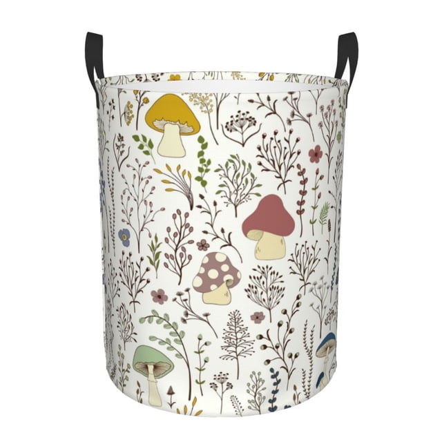 Balery Colorful Mushrooms and Plants Cesta de ropa redonda con asas, impermeable, independiente, para ropa, juguetes, dormitorio y familia-Small