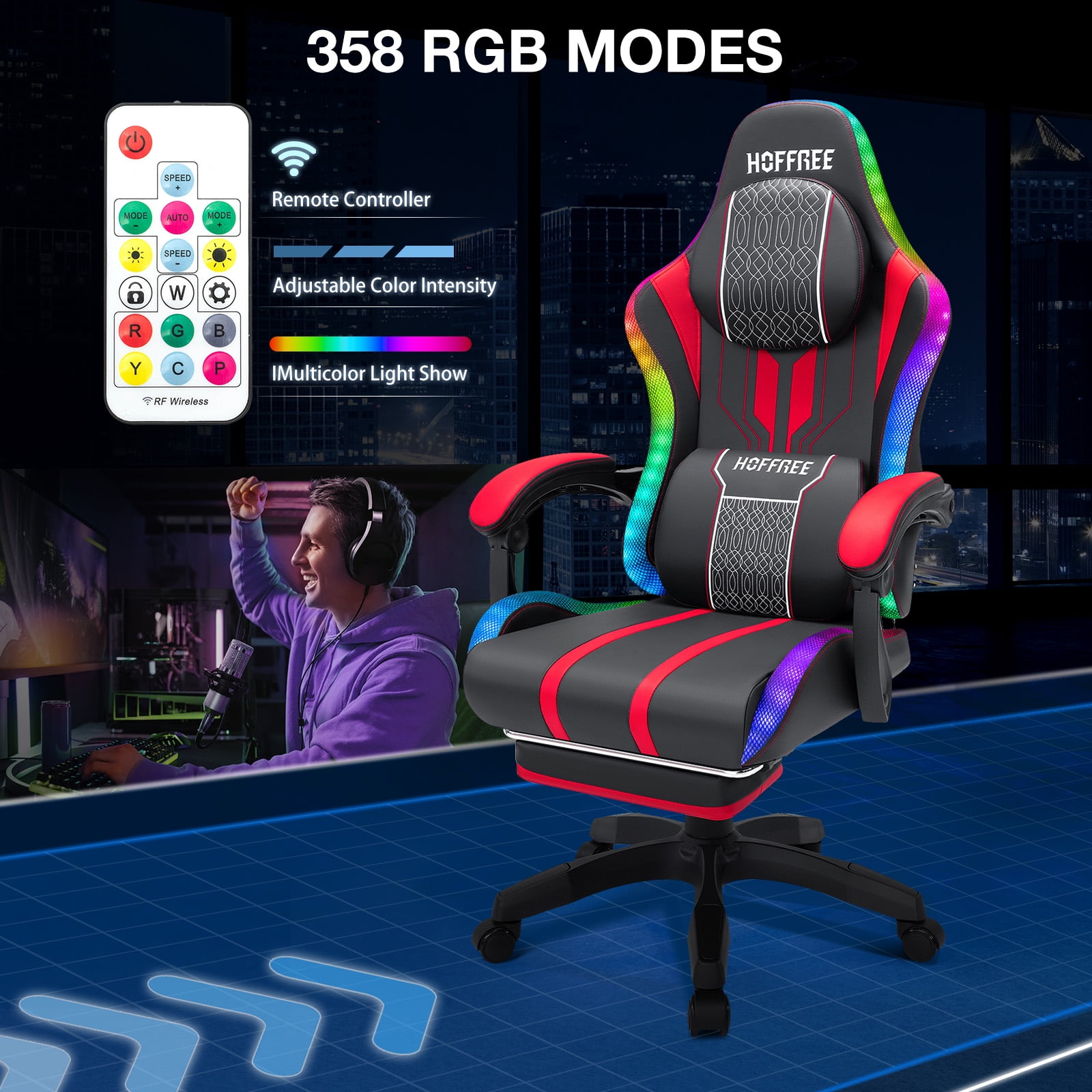 Hoffree Big and Tall Gaming Chair with Speakers Office Chair with Footrest Heavy Duty Gamer Chair with Lumbar Support Height Adjustable 360-Swivel Seat and Headrest for Adults, 400lbs