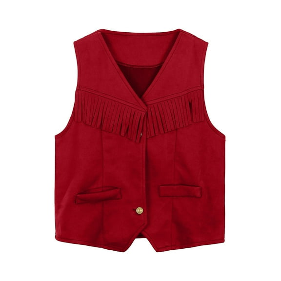 FAOWME Boys Girls Retro Cowboy Cow Girl Outfits Open Front Fringe Vest Party Dress Up Tassel Fringe Waist Coat Tops Red 3-4 Years