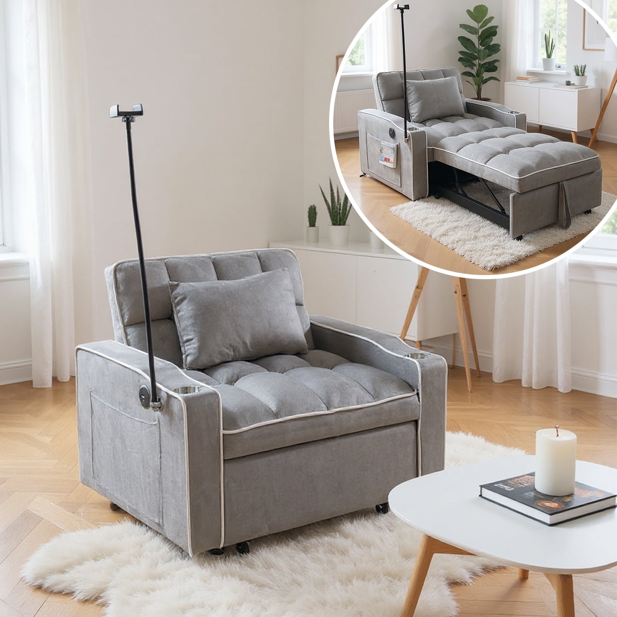 Gewnee 37.2''Convertible Sofa Bed with USB and Phone Holder,2 Cup Holders and 3 Adjustable Backrest,Suitable for Living Room,Apartment and Office.Light Grey