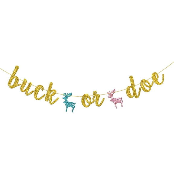 Buck or Doe Banner - Gold Glitter Boy or Girl Baby Shower Bunting - Gender Reveal Party Decorations Supplies