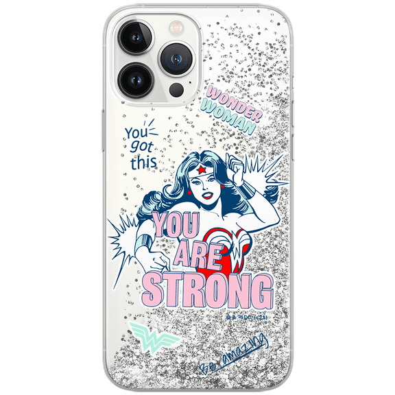 Mobile phone case with glitter overflow effect for Apple IPHONE 15 original and officially Licensed DC pattern Wonder Woman 025 optimally adapted to the shape of the mobile phone