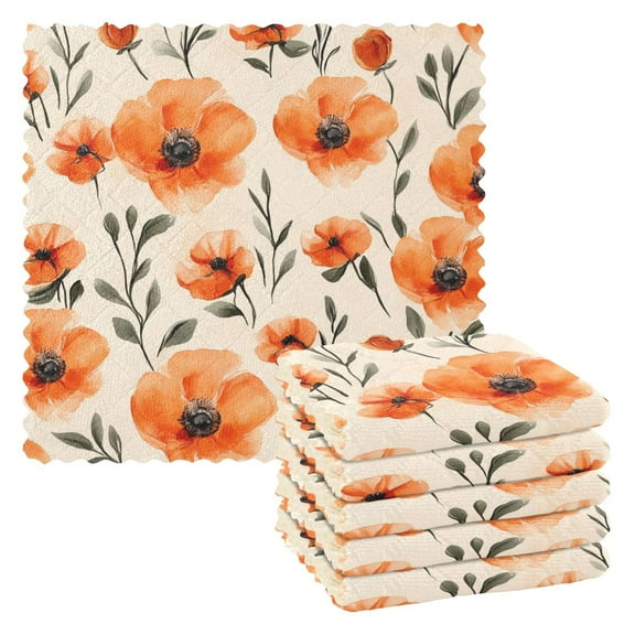 Watercolor Style Orange Flowers Kitchen Cloth Dish Towels for Drying Washing Absorbent Dish Rags 6 Pack