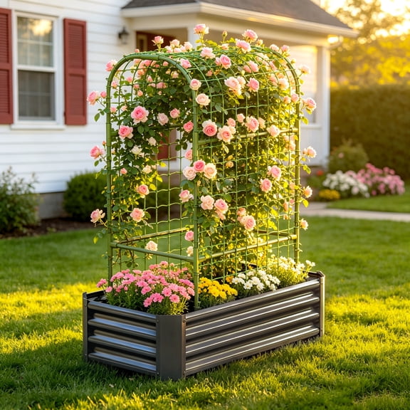 2-in-1 Raised Garden Bed with 59-Inch Arch Trellis and Climbing Net, Galvanized Metal Planter Box for Vegetables and Flowers, Black