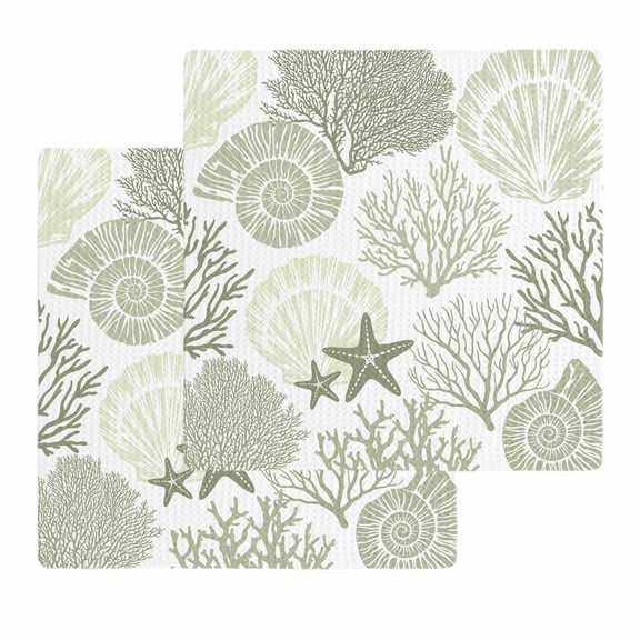 Coastal Sage Green Dish Towels Set, Waffle Weave Kitchen Towels 2 Pieces, Ocean Coral Starfish Shell Modern Microfiber Hair Face Bath Tea Towel Absorbent Quick Drying Cleaning Dish Cloths, 12"x12"