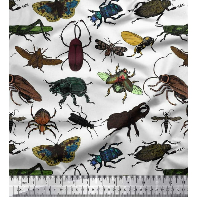 Soimoi White Cotton Jersey Fabric Beetle & Honey Bee Insects Decor Fabric Printed BTY 58 Inch Wide