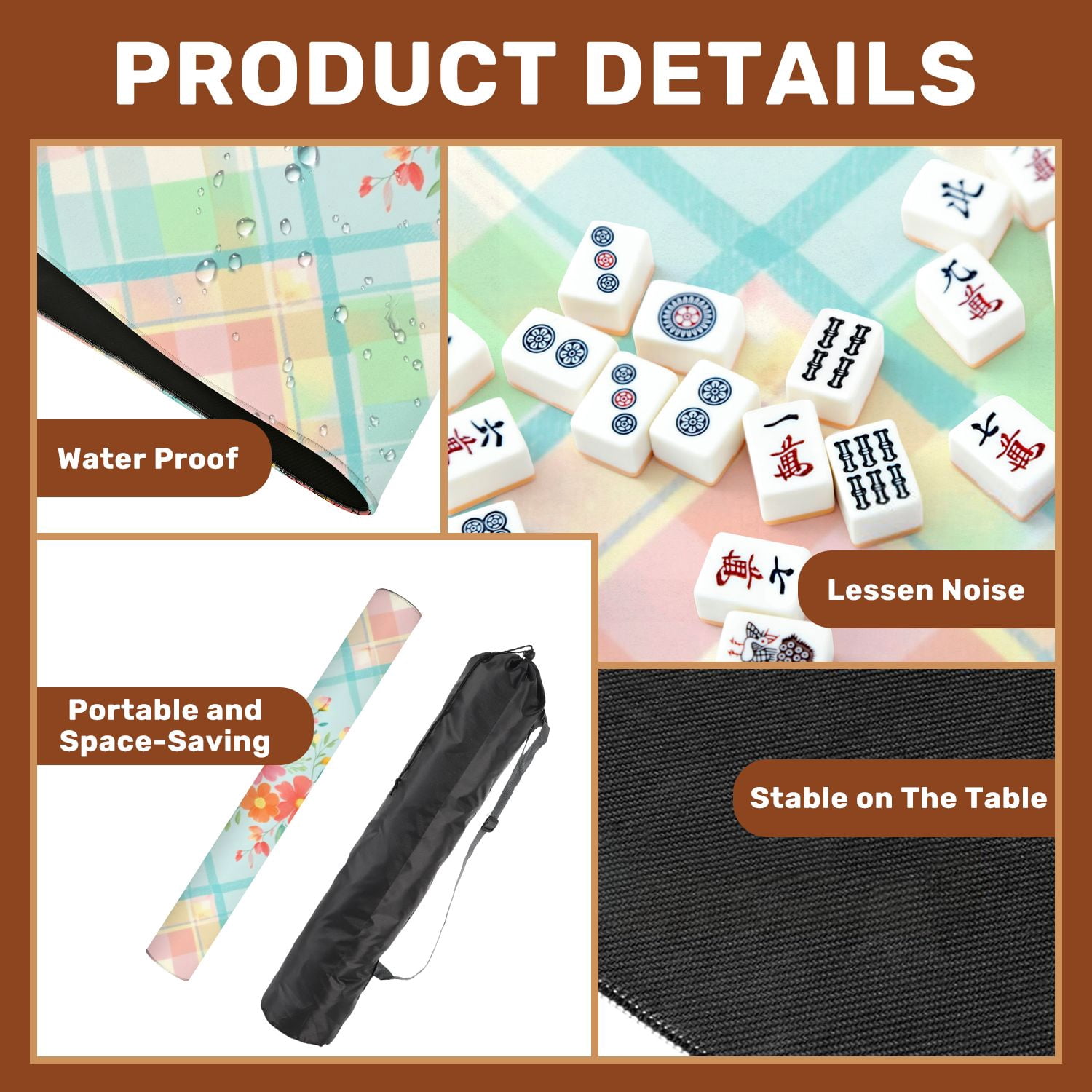 Mahjong Mat 31.5" x 31.5" Floral Pastel Plaid Soft Watercolor Style Non-Slip Noise Reduction American Mahjong Tiles Table Cover for Dominoes Poker Card Board Games Gift