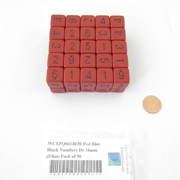 Red Opaque Dice with Black Numbers D6 Aprox 16mm (5/8in) Pack of 50 Wondertrail