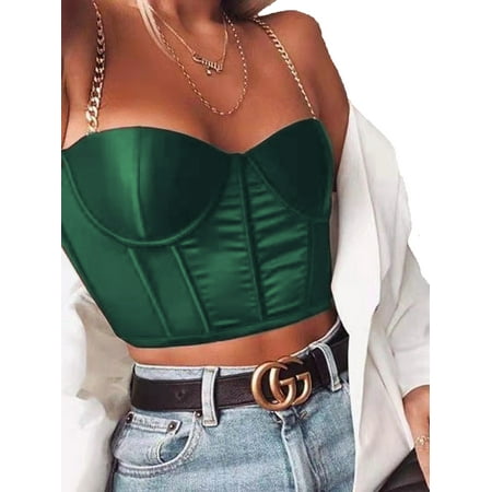

JBEELATE Women s Sexy Corset Crop Top Chain Spaghetti Straps Push Up Bustier Tank Bra Top Party Clubwear