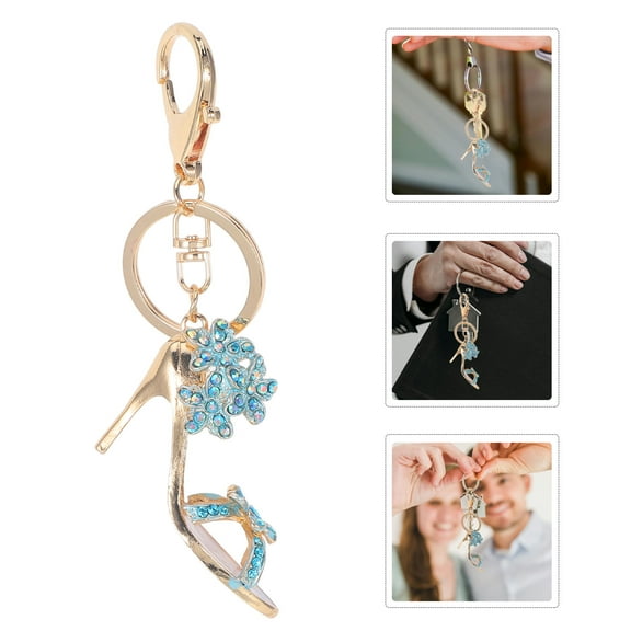 KALLORY 1Pcs High Heel Key Ring Rhinestone Lady Keychain Blue Zinc Alloy Elegant Accessory for Handbag