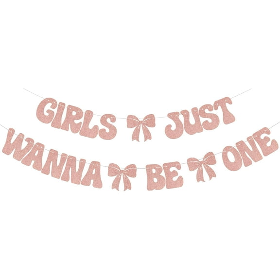 Bow Girls First Birthday Party Decoration - Girls Just Wanna Be One Banner - 1st Birthday Banner for Girl Rose Gold Glitter