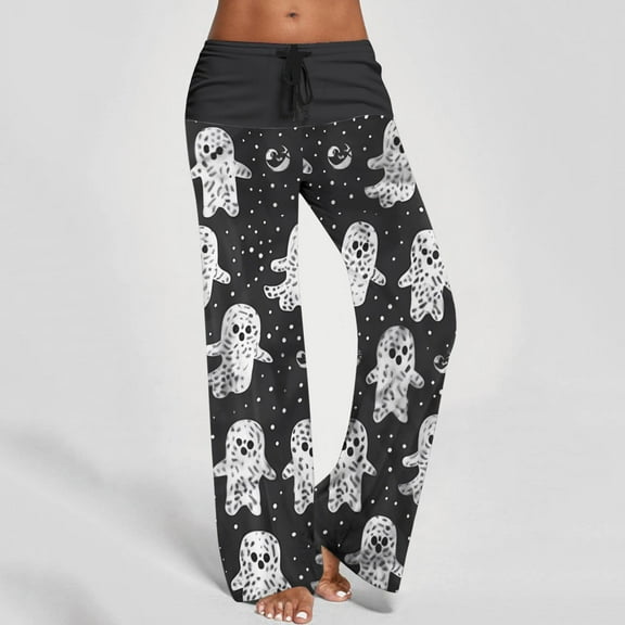 WXLWZYWL Halloween Pajama Pants for Women Cute Pumpkin Print Lounge Pants Comfy Drawstring Wide Leg Palazzo Pants with Pocket