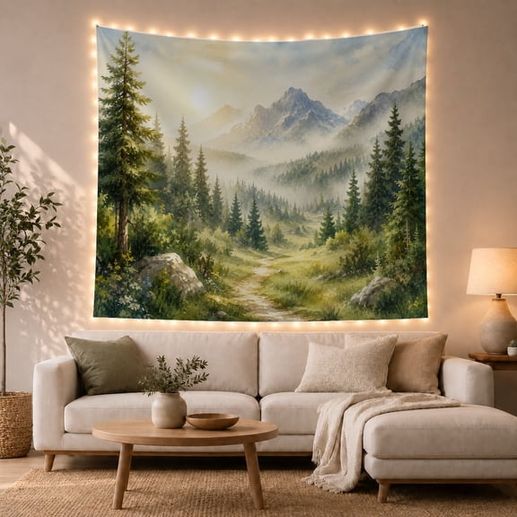 Mountain Forest Path Through Misty Alpine Valley, Serene Watercolor for Nature Lovers, Landscape Wall Art, Housewarming Gift, Tapestry Wall Hanging for Bedroom and Living Room