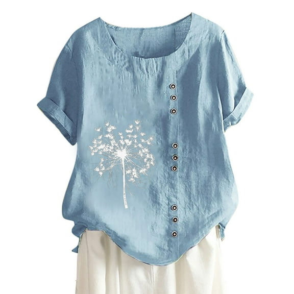 Outfmvch T Shirts for Women Linen Shirts for Women Floral Print Short Sleeve O-Neck Plus Size T-Shirt Top Blouse Summer Tops for Women 2023 Trendy Blue L