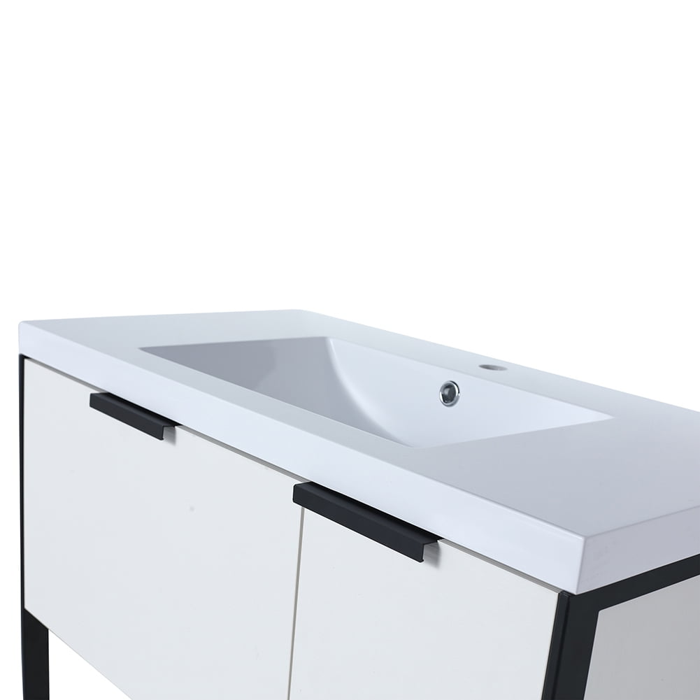 Kepooman 35" Modern Floating Bathroom Vanity, Free Standing Cabinet with Doors and Drawer, White Straight Grain