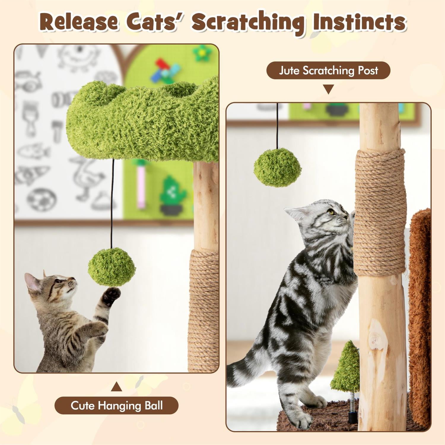 Pefilos Multifunctional Cat Tree, Scratching Posts & Top Perch, Cozy Condo & Hanging Toy, Brown