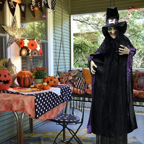 HTOOQ Décorations de sorcière à suspendre d'Halloween brillent dans le  noir, grande sorcière animée effrayante de 80 pouces avec décor sonore pour  mur de pelouse d'arbre extérieur maison hantée d'intérieur - - 