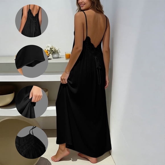 Off the Shoulder Dress Women's Spaghetti Strap Cotton Linen Flowy Maxi Dress Loose Fitting Lace Patchwork Long Sundress Loungewear Casual Beach Vacation Wear Black L