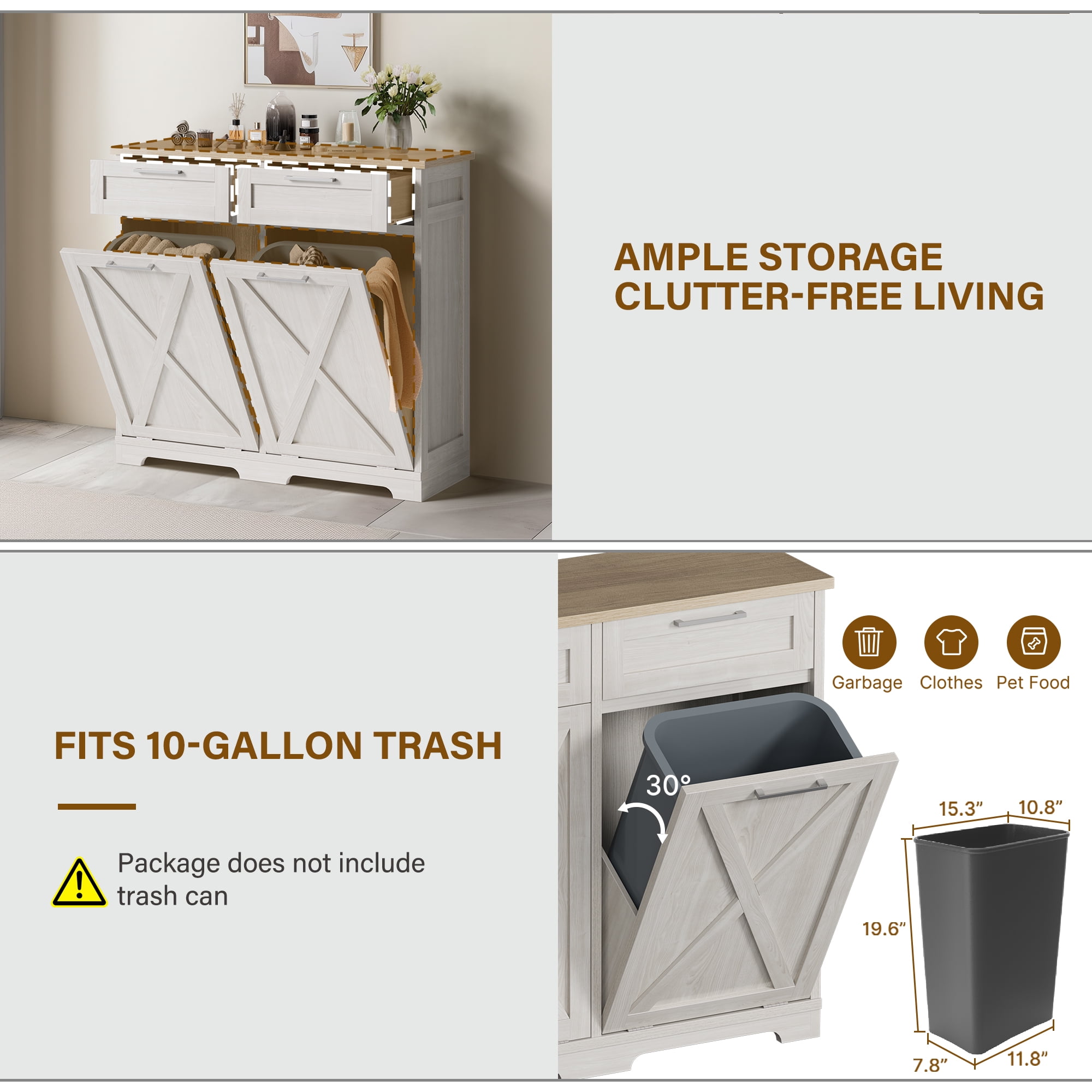 Uforic Buffet Cabinet with Drawer, Tilt Out Storage Cabinet for Double 10-gal Trash Bins, White