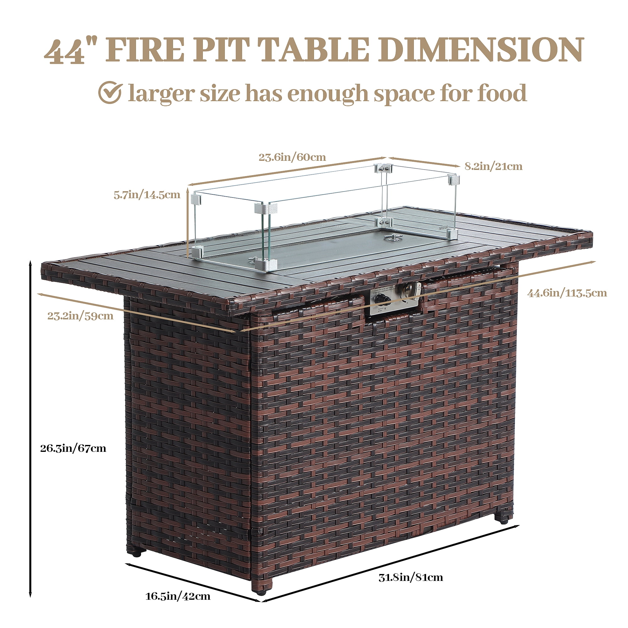 AstrPthylx 44-Inch Propane Fire Pit Table, Steel Gas Fire Feature with Iron Lid, Glass Rock, Rain Cover & Wind Guard for Patio, Backyard, Deck-Brown