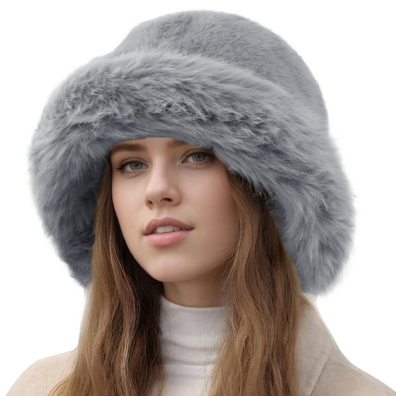 FEOYA Faux Fur Bucket Hat for Women Winter Ushanka Hat Ladies Fluffy Pail Cap Fuzzy Fisherman Cap Furry Warm Snow Hat Gray for Snow Outdoor