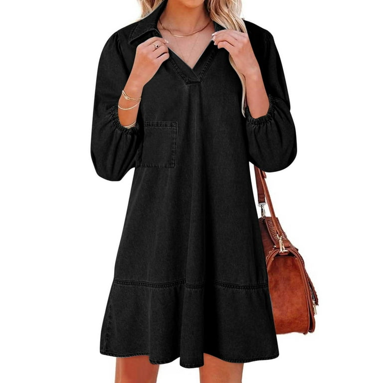 Levmjia Womens Denim Dress Casual Lapel Solid Color Round Neck Bubble  Sleeve Polyester Stretchy Comfortable Breathable Work Daily Wear