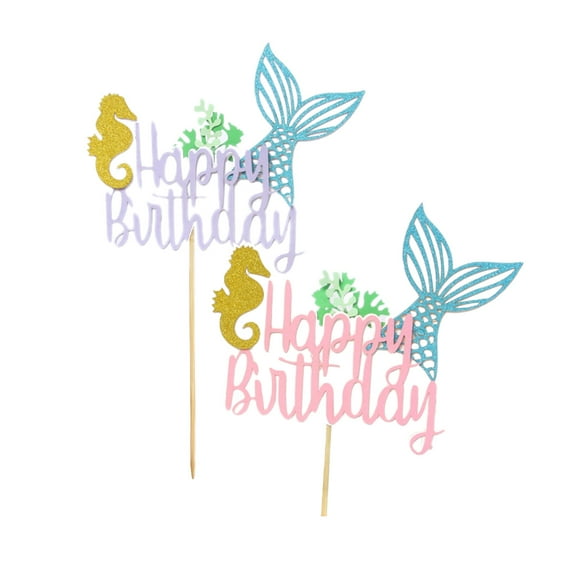 2pcs Cake Toppers Cake Picks Cake Decoration Happy Birthday Mermaid Tail Sea Series Shiny Beautiful for Birthday Party Decor