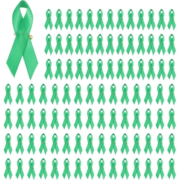 100Pcs Mental Health Awareness Ribbon Green Satin Ribbon Lapel Pins for Charity Events Ribbons with Safety Pins for Women Men