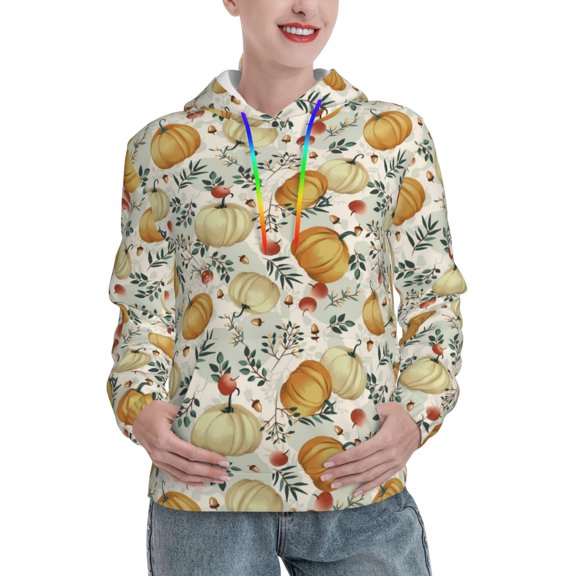 Yiaed Autumn Pumpkins Leaves Print Womens Casual Hoodies Crew Neck Long Sleeve Sweatshirts With Pocket Pullover Tops Women's Hooded Sweatshirt-Medium