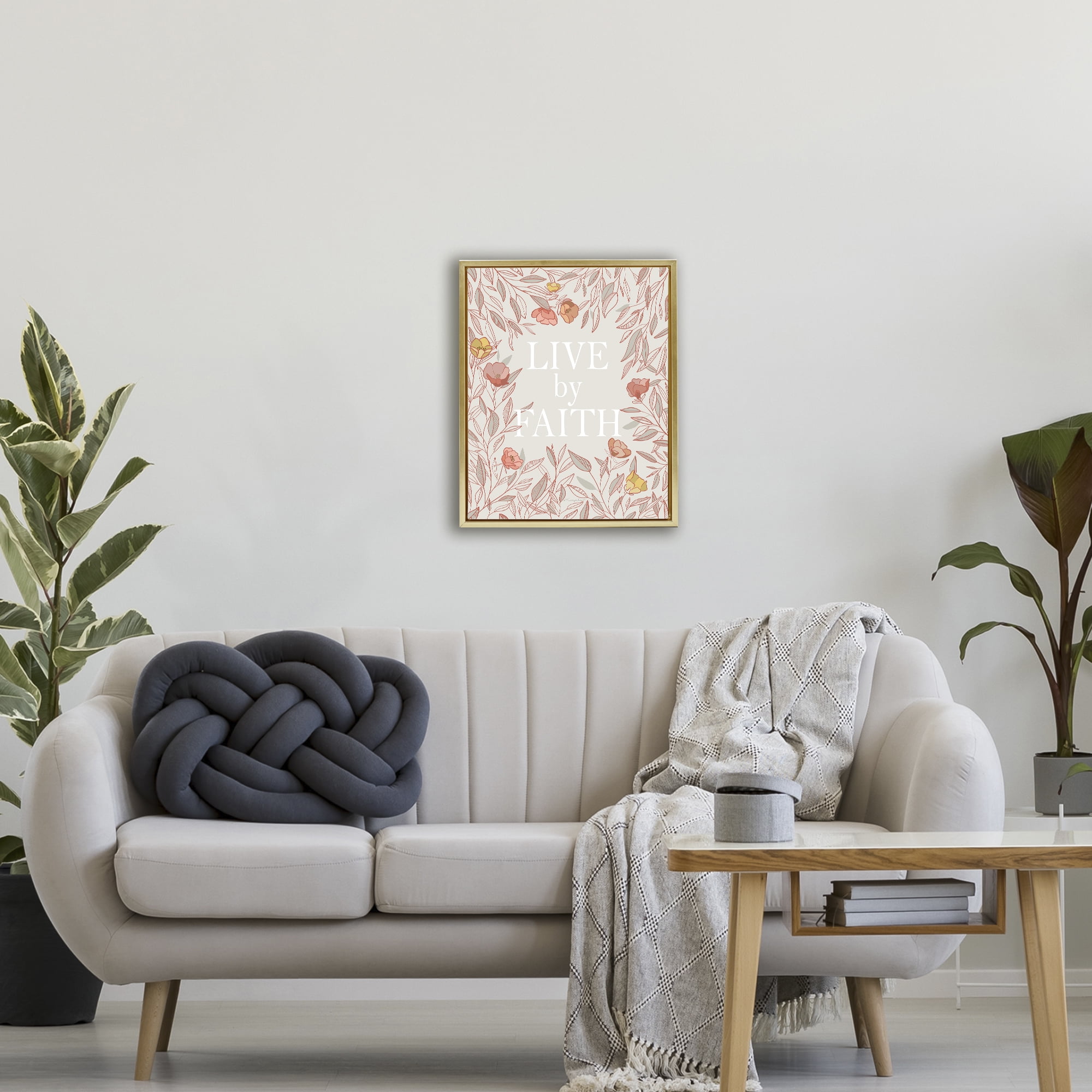 Live By Faith Rosy Florals Gold Framed Floater Canvas Wall Art, design by Kelley Talent
