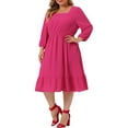 thumbnail image 4 of Agnes Orinda Women's Plus Size Smock Waist Swiss Dots 3/4 Sleeves Midi Dress 1X Hot Pink, 4 of 6