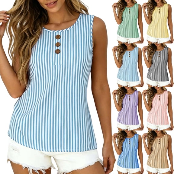 Asxite Tank Tops for Women Sleeveless Striped Print Round Neck Button Detail Casual Blouse