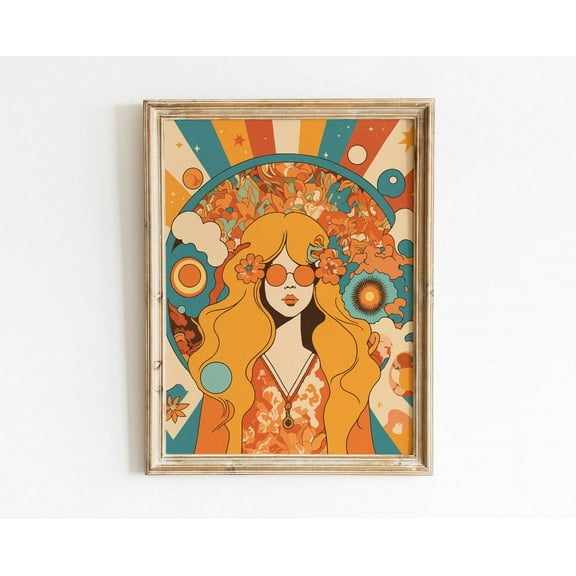 70S Hippie Woman Wall Art, 70S Poster, Aesthetic Room Decor, Groovy Poster, Retro Inspired Wall Art, Vintage Poster, Colorful Flowers Print Wall Art, Modern Wall Decor, 8x12 UNFRAMED