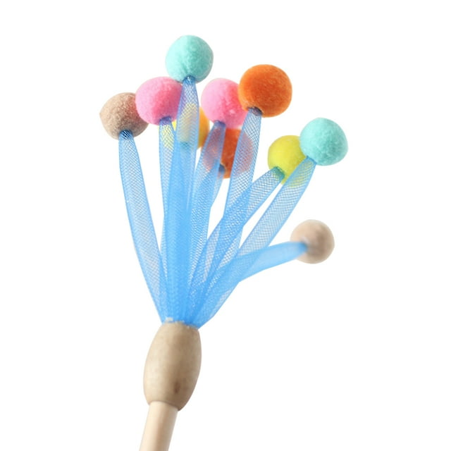 Cat Teaser Wand Wooden Rod Pom Pom Bell Kitten Teaser Toy Cat Interactive Toy