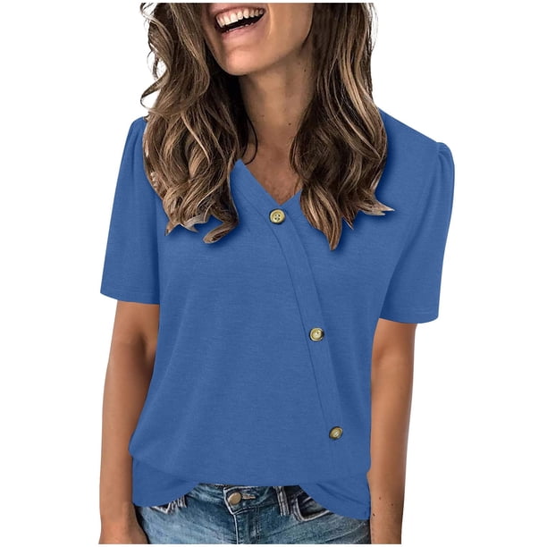 Tops de Color Sólido para las Mujeres, Botón de Cuello en V de Manga Corta, Top de Moda Casual para las Mujeres