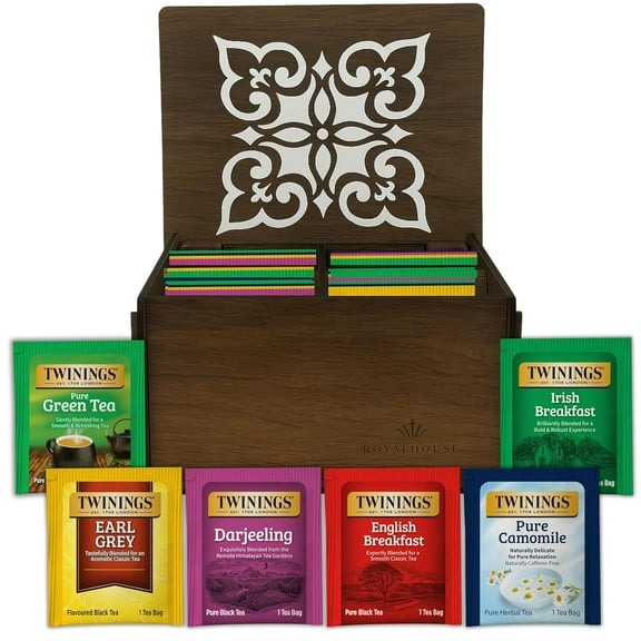 Twinings Tea Bag Sampler Variety with Walnut Wooden Organizer Tea Chest (24 Tea Bags) 6 Different Popular Flavors, Gift for Tea Lovers: Women, Men, Mom, Dad, Family, Friends, Couples