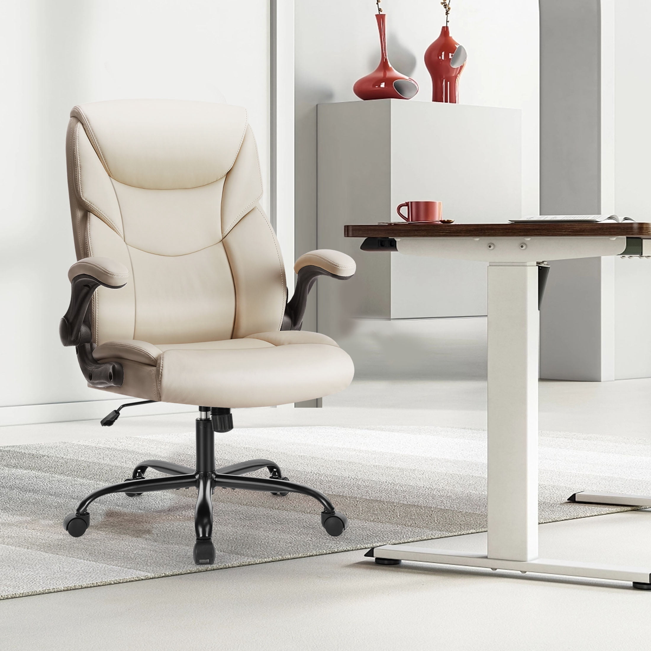 JOINSUN Home Office Chair, High Back Ergonomic Chair for Office with PU Leather, Adjustable Armrests and Wheels, White