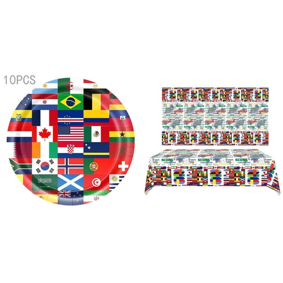 WUSUOWEI 11 Pcs Drapeaux Mondiaux Internationaux 1 Nappe,10 Assiettes,Autour du Monde,Vaisselle de Fête Globe,Vaisselle de Gâteau Dessert Dîner,Décorations de Vaisselle pour Voyage Voyage,Fournitures de Fête