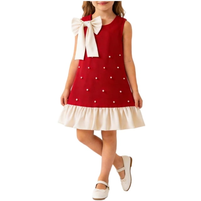 Yanlir Robe d'Été Sans Manches pour Filles Princesse Nœud Volanté Dentelle Col Rond Décontractée Broderie en Maille Robe de Fête pour Tout-Petits Enfants (Rouge, 5-6 Ans)