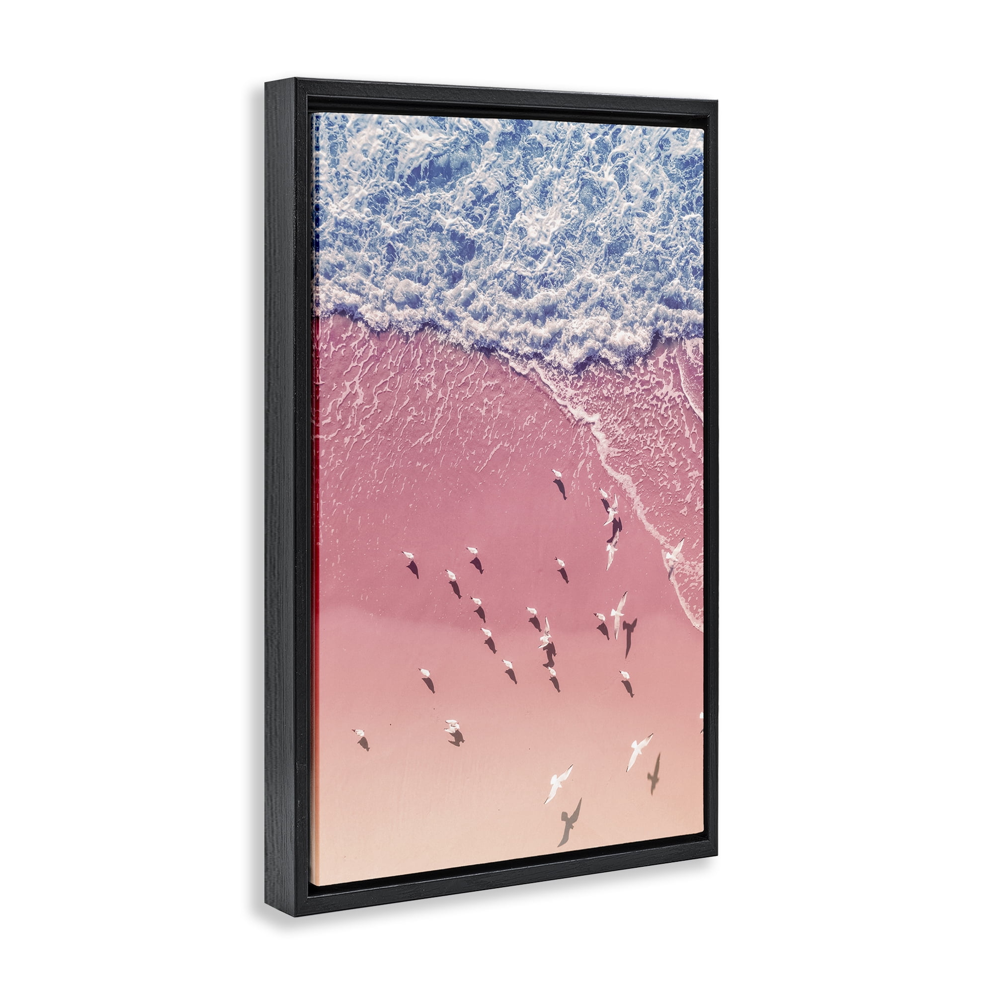 Stupell Industries Aerial Seagulls Pink Beach Landscape & Nature Photography Black Floater Framed Canvas Art Print Wall Art, 21 x 31