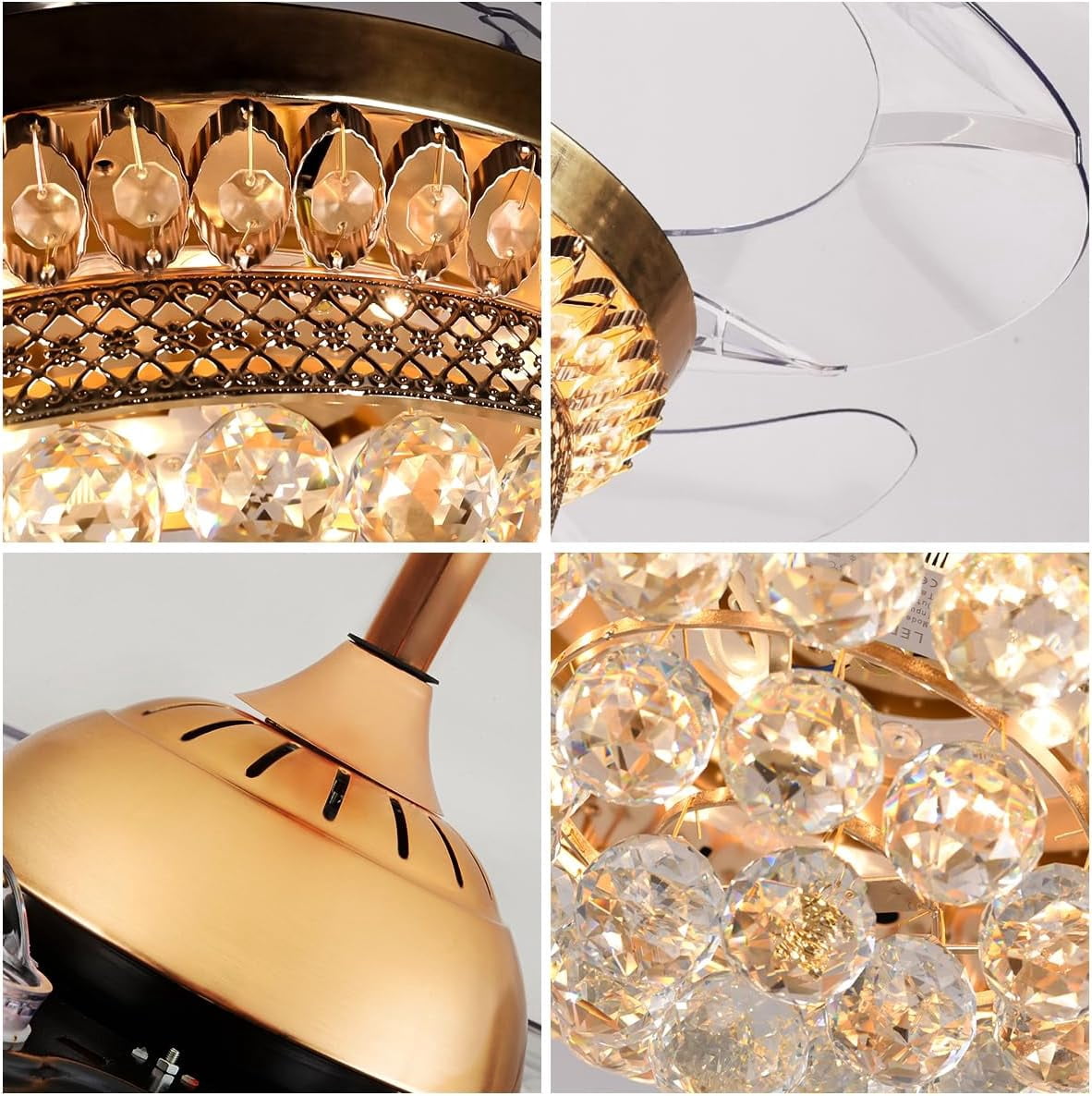 KPIBEST 42 inch Retractable Ceiling Fan Light with Remote Control French Gold Finish Fixtures, Modern Europe Luxury Crystal Chandelier Fans with 3 Lights Changes for Bedroom Living Room Restaurant