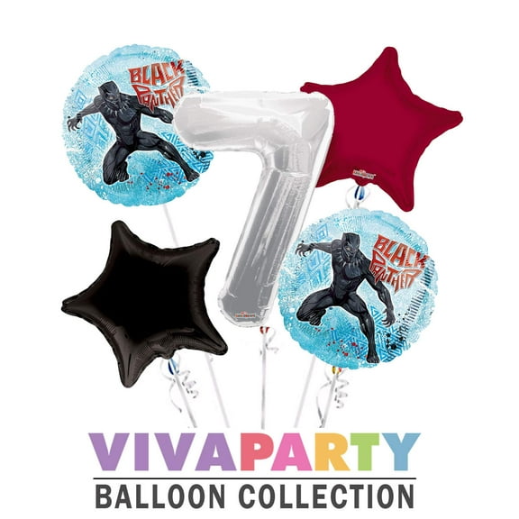 Black Panther Round Balloon Bouquet 5 pc, 7th Birthday, Silver Number 7 Jumbo Balloon | Viva Party Balloon Collection