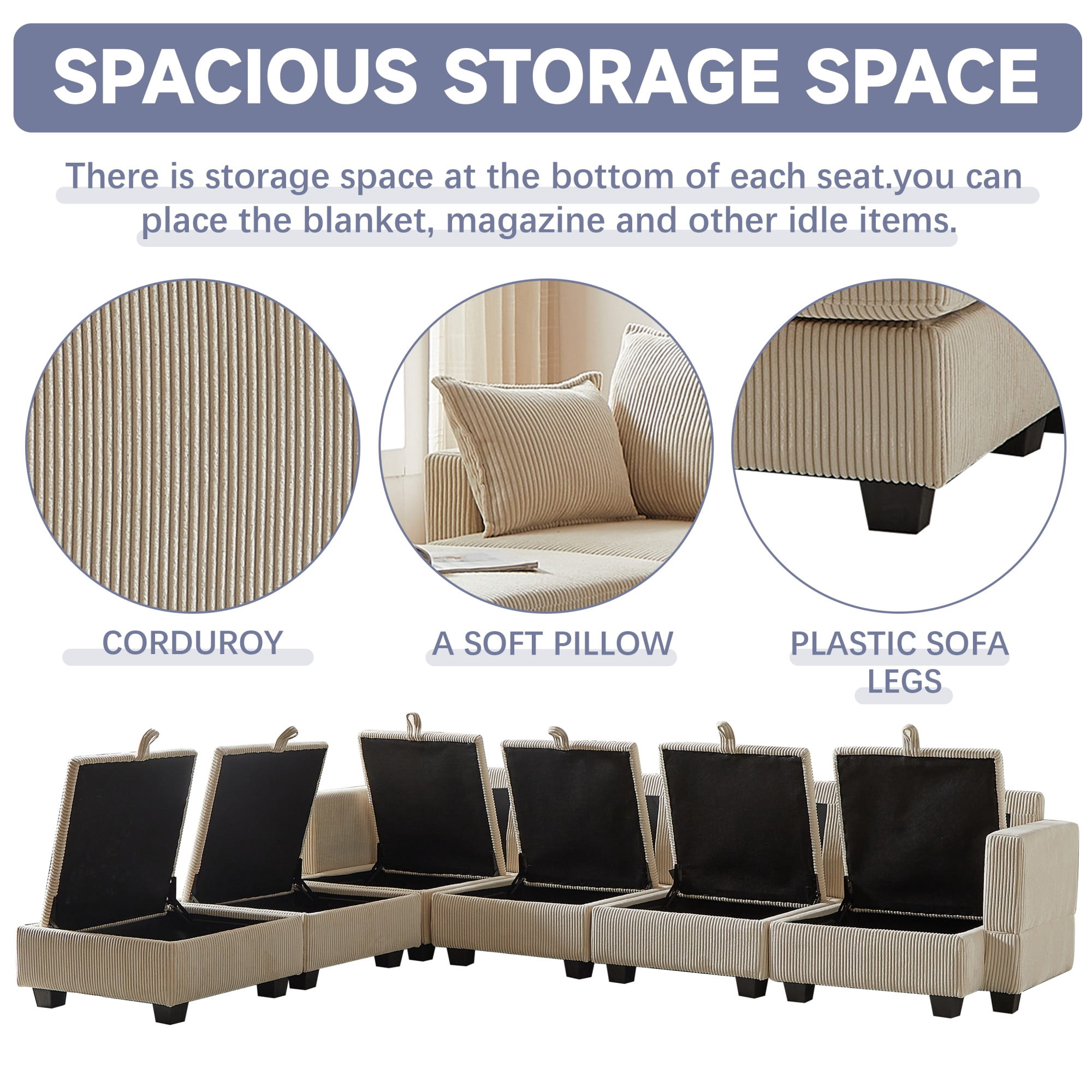 113.5'' Modular Sectiona Corduroy Sofa,Convertible U Shaped Sectional Couch with Storage Ottoman for Living Room,Beige
