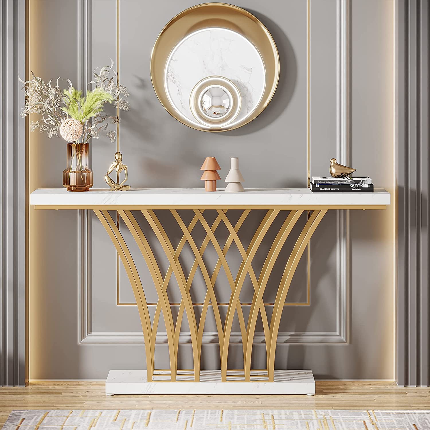 Tribesigns 59 inch Gold Console Table, Modern Entryway Table for Hallway, White